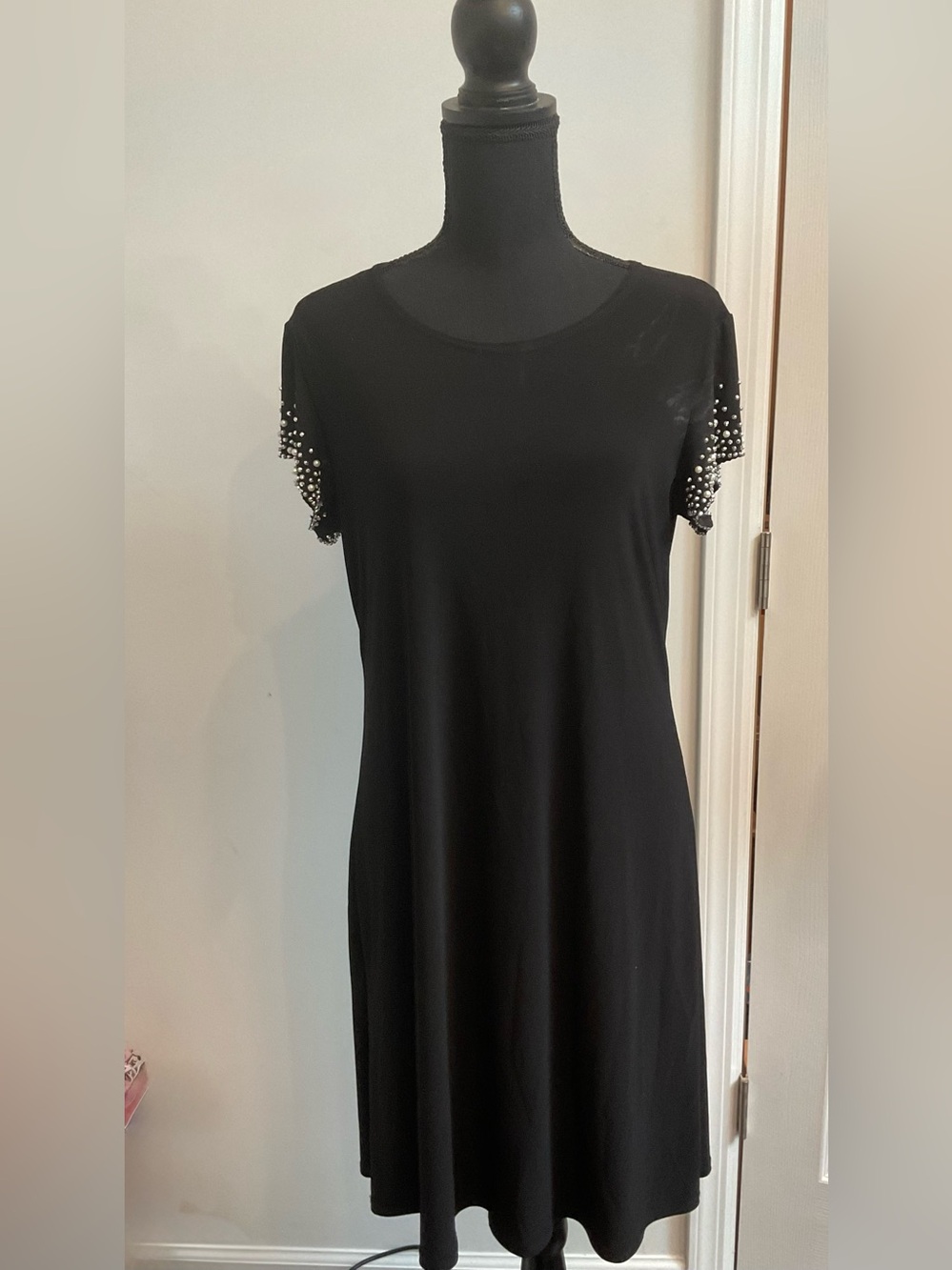 Black Short-Sleeve Dress with Pearl-Embellished Sleeves